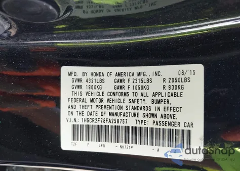 2015 Honda Accord Ex из США, поврежденный, VIN 1HGCR2F78FA258757